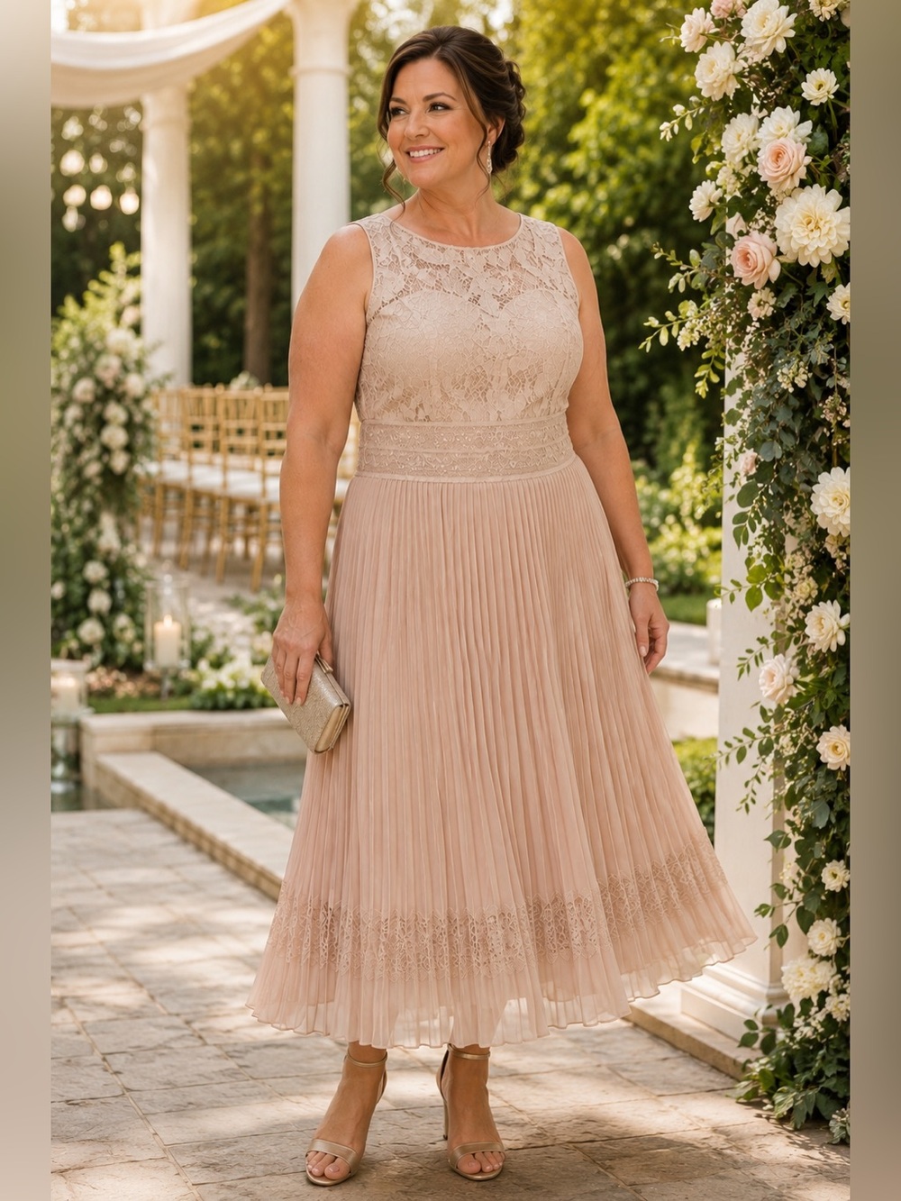 Addition Elle Blush Lace & Pleated Midi Dress